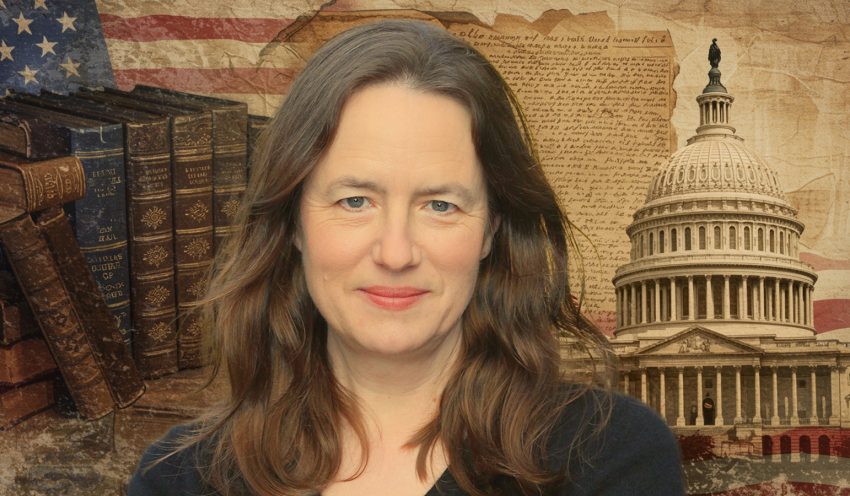 Porträt der Historikerin Heather Cox Richardson mit US-Symbolik